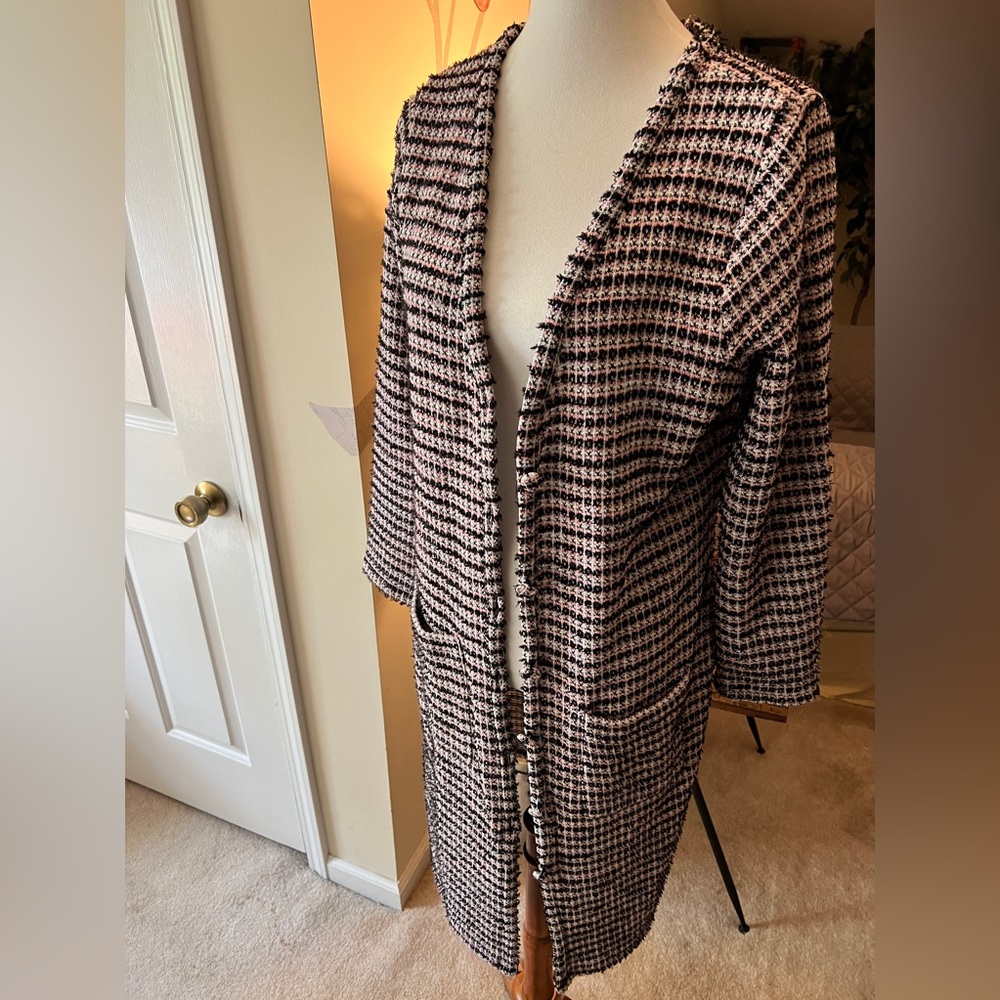 Zara long button jacket/sweater. Pink, black and white colors